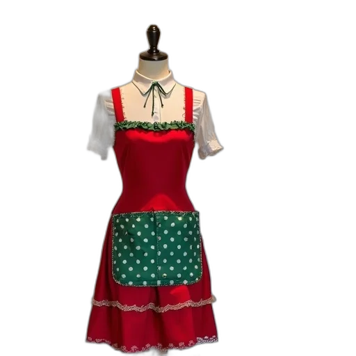 dress, 3d render, red, mannequin, dressed, green, apron, white transparent PNG cut-out