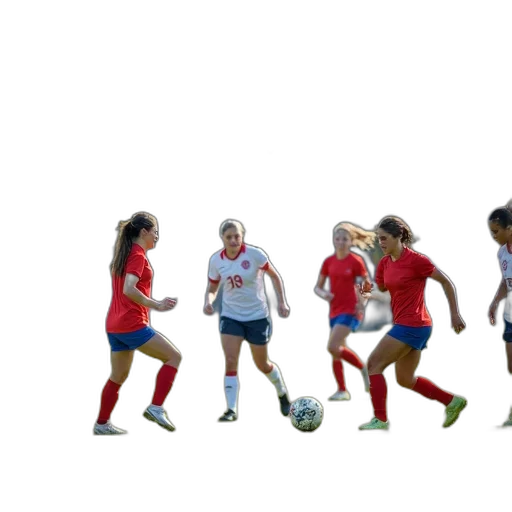 group, young, women, playing, soccer, field, scoreboard, showing transparent PNG cut-out