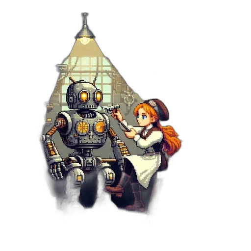 robot, weapon, pixel art, concept art, fantasy art, comic book art, outer space, fire transparent PNG cut-out
