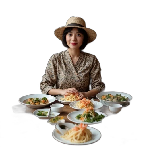 food, hat, photorealistic, 3d render, woman, sitting, table, various transparent PNG cut-out