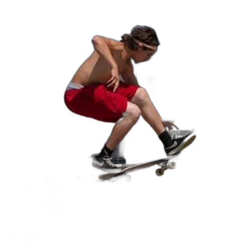 shoes, staff, photorealistic, 3d render, concept art, shirtless, skateboarder, red transparent PNG cut-out