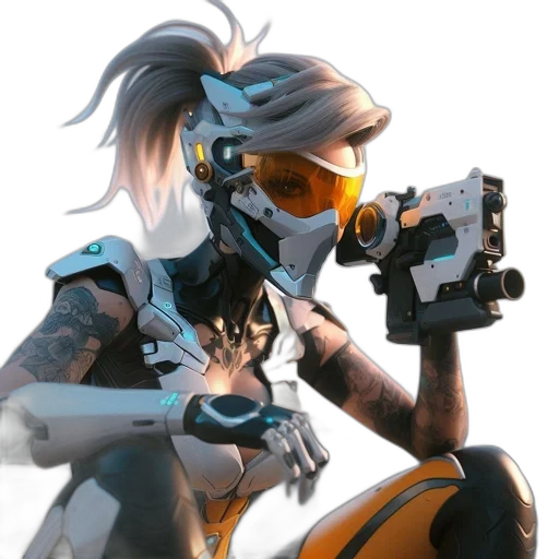 weapon, robot, mask, staff, concept art, cyberpunk, 3d render, fantasy art transparent PNG cut-out