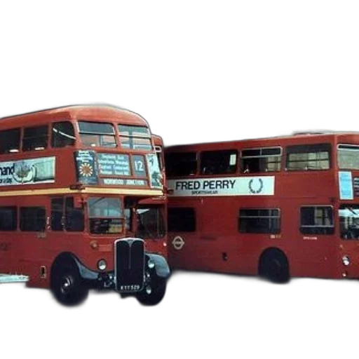 photorealistic, 3d render, concept art, two, red, double-decker, buses, parked transparent PNG cut-out