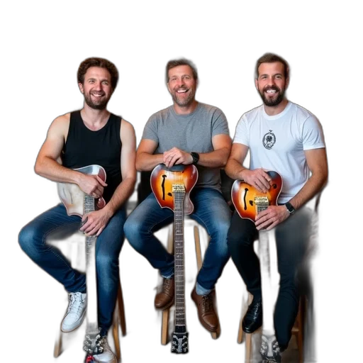 first, image, shows, three, men, music, store, each transparent PNG cut-out