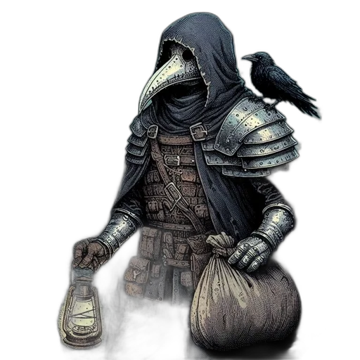 mask, creature, staff, jacket, fantasy art, concept art, comic book art, pixel art transparent PNG cut-out