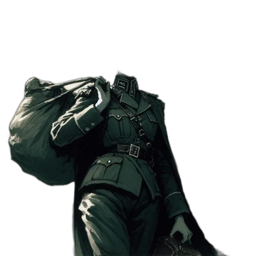 jacket, staff, mask, weapon, concept art, photorealistic, 3d render, pixel art transparent PNG cut-out