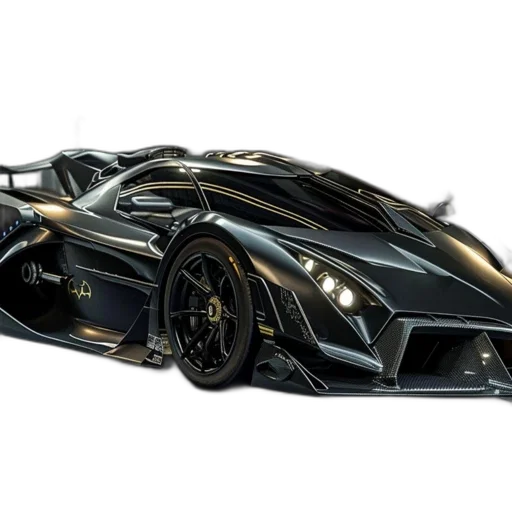 car, photorealistic, 3d render, concept art, futuristic, batman-inspired, parked, dimly transparent PNG cut-out