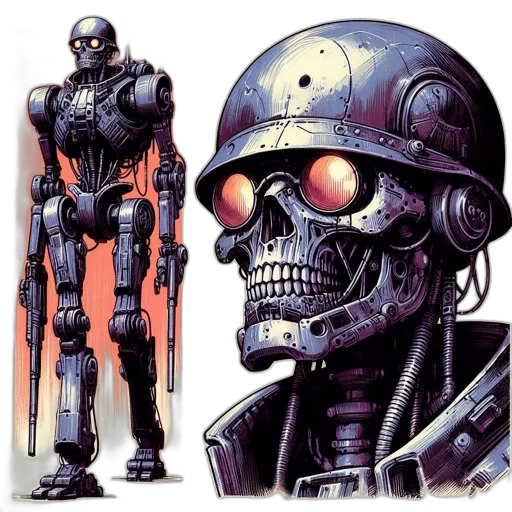 robot, concept art, cyberpunk, comic book art, pixel art, two, metallic, robots transparent PNG cut-out
