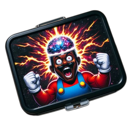 crown, robot, concept art, mario, lunchbox, unique, illustration, excited transparent PNG cut-out