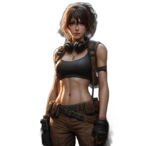 weapon, concept art, fantasy art, comic book art, cyberpunk, dark, earth tones, woman transparent PNG cut-out