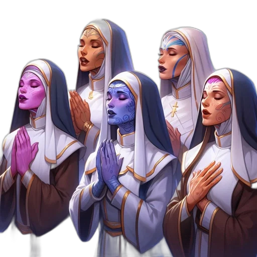 concept art, fantasy art, comic book art, pixel art, blue, five, women, white transparent PNG cut-out