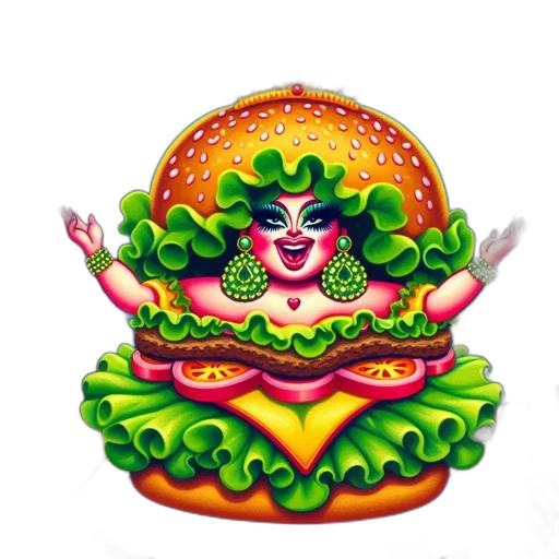 food, jewelry, 3d render, photorealistic, hamburger, character, human-like, face transparent PNG cut-out