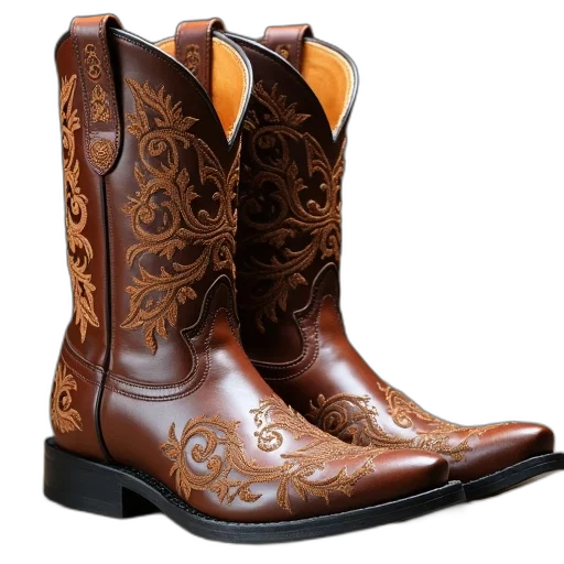 shoes, pair, brown, cowboy, boots, intricate, floral, patterns transparent PNG cut-out