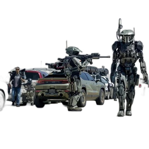 robot, car, weapon, concept art, 3d render, cyberpunk, outer space, two transparent PNG cut-out