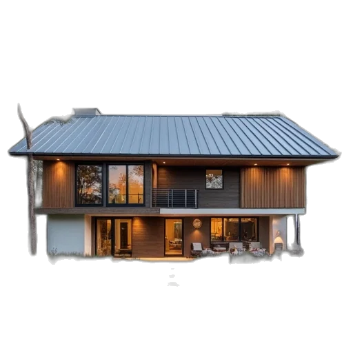building, 3d render, photorealistic, concept art, blue, zinc, corrugated, roofing transparent PNG cut-out