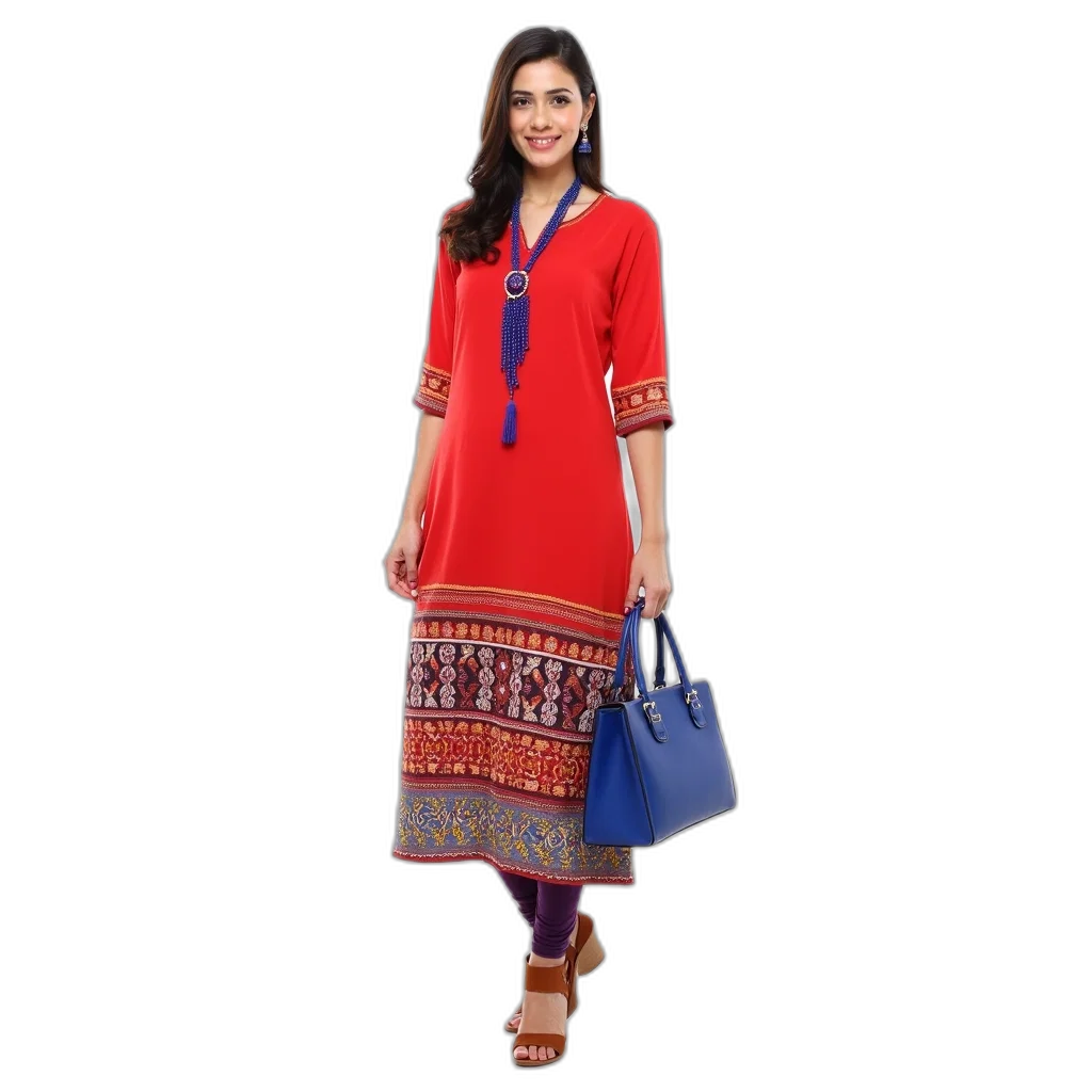 red, colorful, woman, standing, front, white, background, wearing transparent PNG cut-out