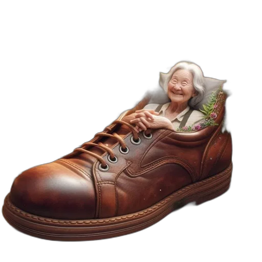 shoes, furniture, creature, face, photorealistic, 3d render, elderly, woman transparent PNG cut-out