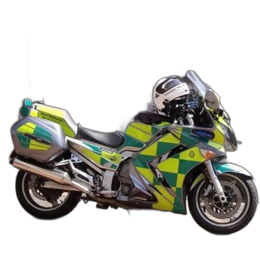green, yellow, checkered, motorcycle, word, ambulance, side, parked transparent PNG cut-out