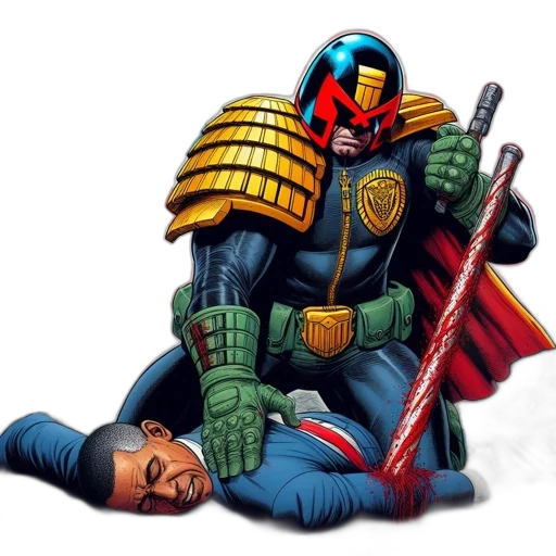comic book art, concept art, pixel art, fantasy art, judge, dredd, stands, victorious transparent PNG cut-out