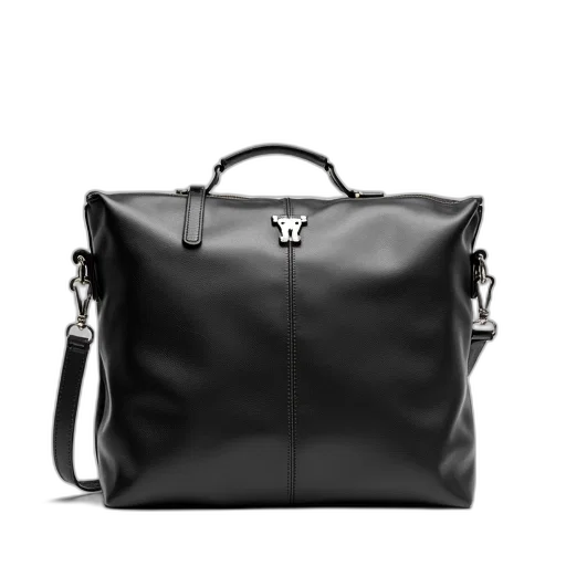 monochrome, black, leather, shoulder, bag, silver, buckle, logo transparent PNG cut-out