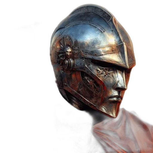 robot, mask, face, sword, concept art, 3d render, photorealistic, fantasy art transparent PNG cut-out