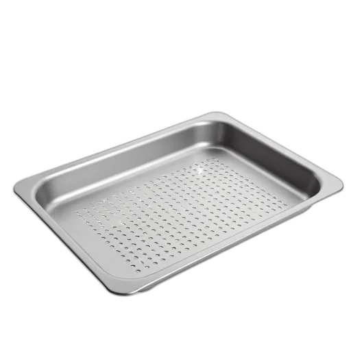 food, stainless, steel, tray, perforated, bottom, displayed, against transparent PNG cut-out
