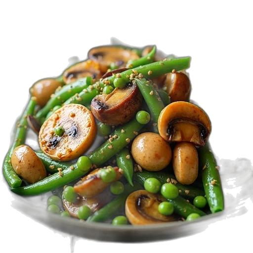 food, 3d render, photorealistic, chicken, mushroom, snow, pea, stir transparent PNG cut-out