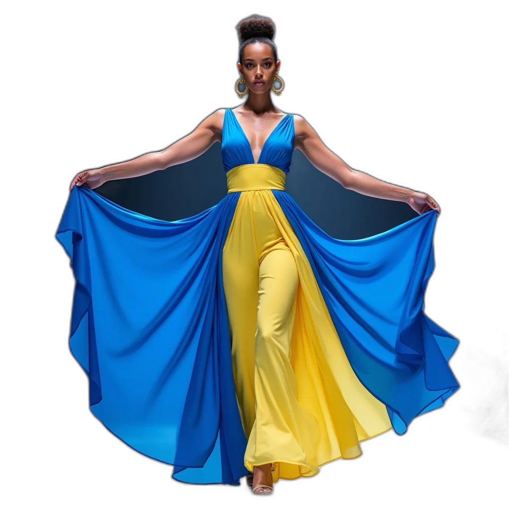 dress, concept art, blue, colorful, golden, neon, woman, modeling transparent PNG cut-out