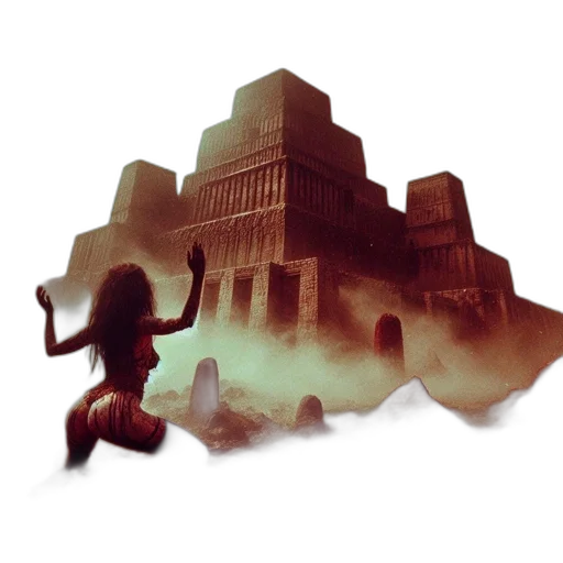 concept art, fantasy art, pixel art, 3d render, fog, woman, distress, kneels transparent PNG cut-out