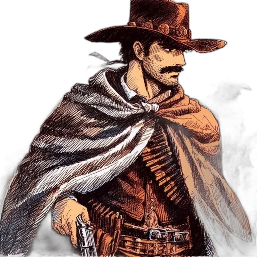 hat, staff, weapon, jacket, concept art, comic book art, fantasy art, photorealistic transparent PNG cut-out