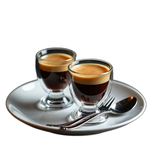 food, 3d render, photorealistic, two, espresso, shots, served, clear transparent PNG cut-out