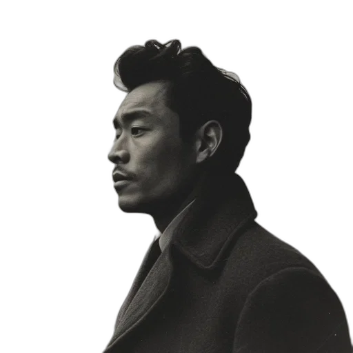 jacket, face, staff, hair, photorealistic, monochrome, dark, man transparent PNG cut-out