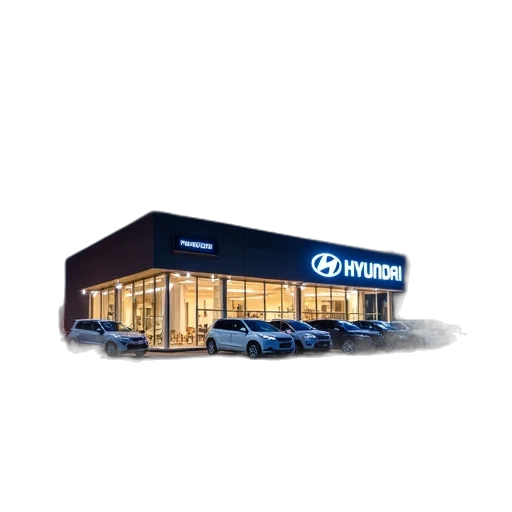 building, car, furniture, new, hyundai, dealership, night transparent PNG cut-out