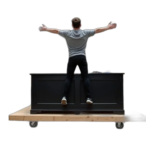 furniture, staff, person, standing, wooden, platform, holding, onto transparent PNG cut-out