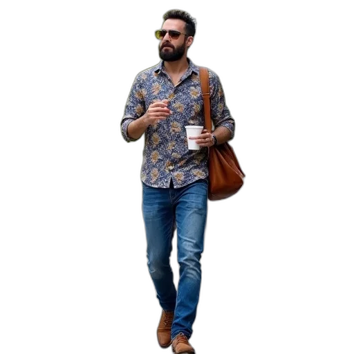 jacket, staff, 3d render, cartoon, photorealistic, man, beard, walking transparent PNG cut-out