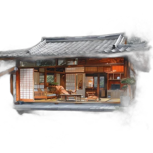 building, furniture, food, umbrella, photorealistic, 3d render, concept art, watercolor transparent PNG cut-out