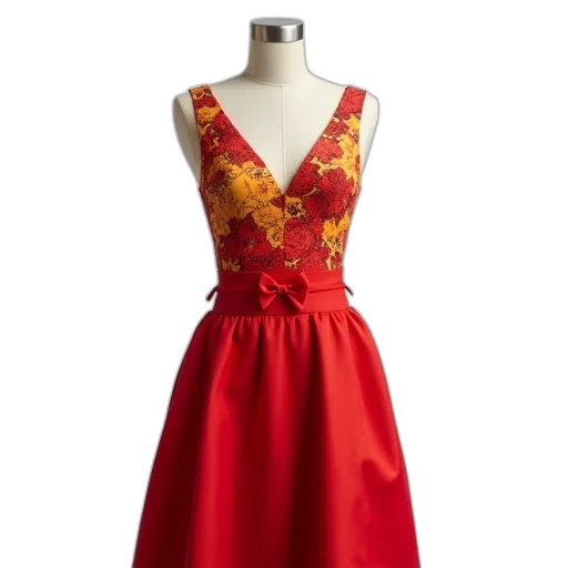 dress, red, mannequin, wearing, yellow, patterned, top, bow transparent PNG cut-out