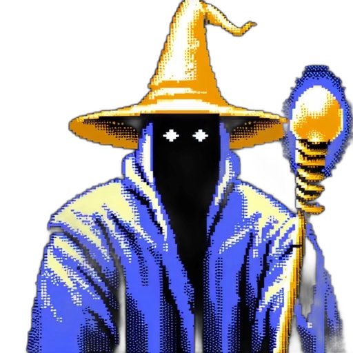 staff, hat, mask, sword, pixel art, concept art, fantasy art, vaporwave transparent PNG cut-out