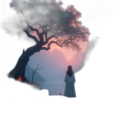 tree, dress, umbrella, crown, fantasy art, concept art, pixel art, photorealistic transparent PNG cut-out