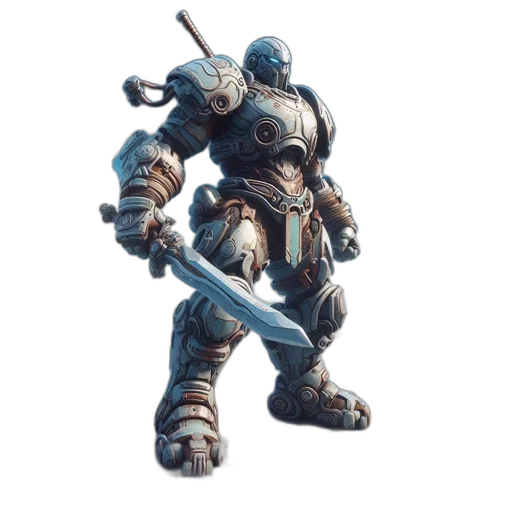 robot, weapon, sword, staff, concept art, fantasy art, 3d render, pixel art transparent PNG cut-out