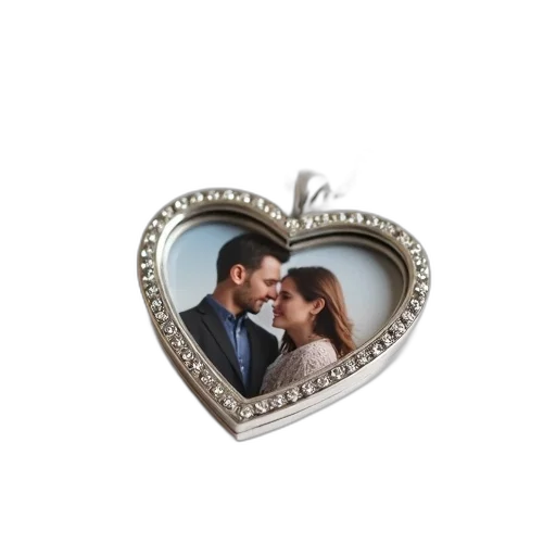 jewelry, silver, heart-shaped, locket, picture, couple, inside, displayed transparent PNG cut-out