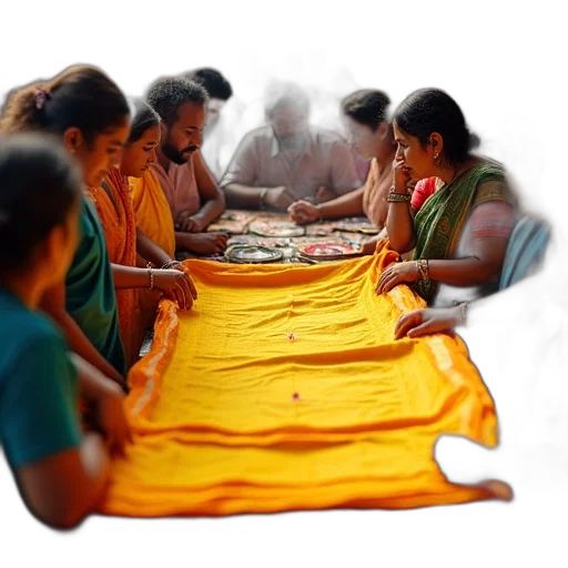 dress, golden, group, people, gathered, around, large, colorful transparent PNG cut-out