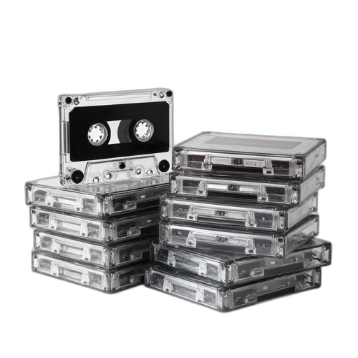 3d render, collection, cassette, tapes, displayed, white, surface, encased transparent PNG cut-out