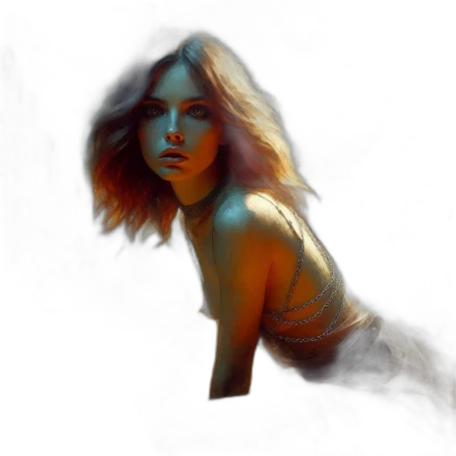 hair, face, dress, photorealistic, oil painting, watercolor, fantasy art, neon lights transparent PNG cut-out