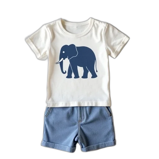 white, tee, shirt, blue, striped, shorts, elephant, boys transparent PNG cut-out