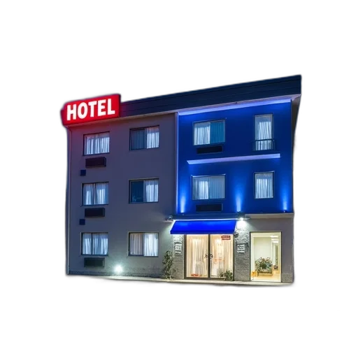 building, 3d render, photorealistic, concept art, neon lights, blue, exterior, modern transparent PNG cut-out