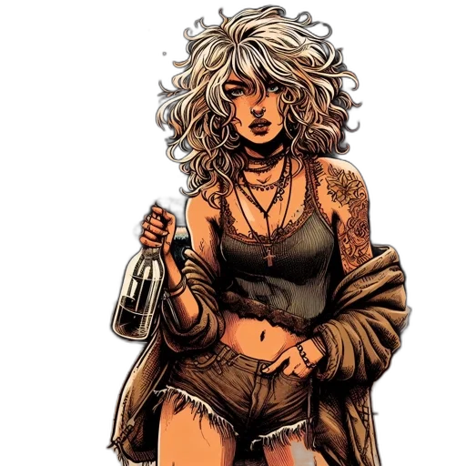 comic book art, concept art, cyberpunk, cartoon, earth tones, during, nightfall, tattooed transparent PNG cut-out