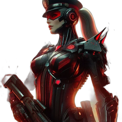 robot, weapon, cyberpunk, concept art, comic book art, fantasy art, red, female transparent PNG cut-out