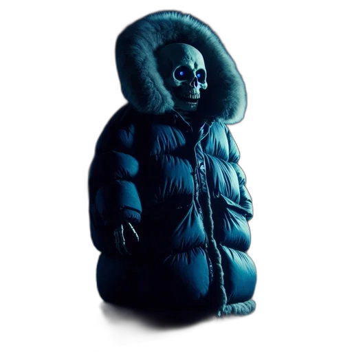 jacket, 3d render, concept art, blue, figure, glowing, skull, wearing transparent PNG cut-out