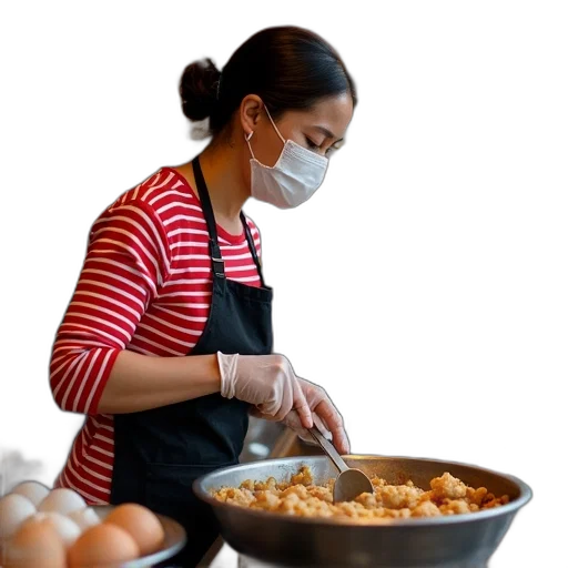 food, staff, mask, woman, red, white, striped, shirt transparent PNG cut-out